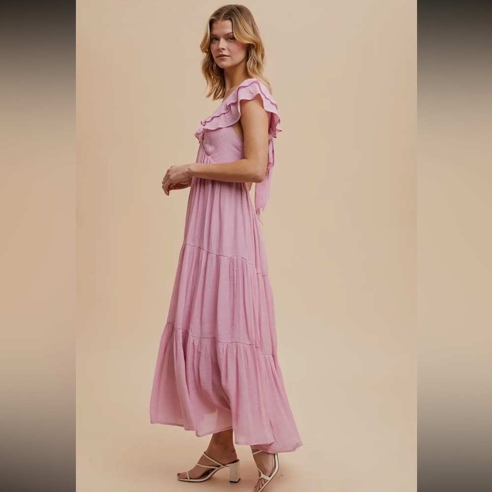 Pink Flutter Sleeve Maxi Sundress for Wedding Guest - Picture 2 of 3